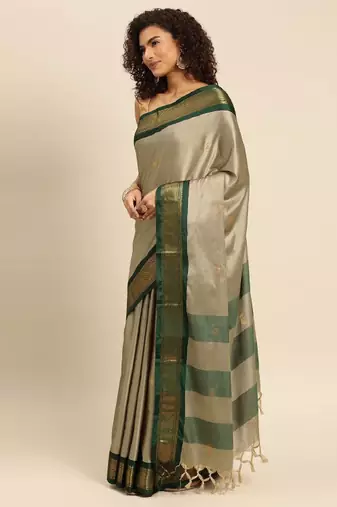 beige silk saree with woven zari design