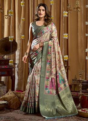 Sea green banarasi cotton silk blend digital print saree with blouse piece 1