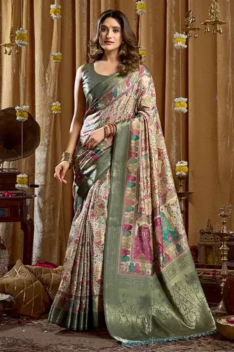 Sea green banarasi cotton silk blend digital print saree with blouse piece