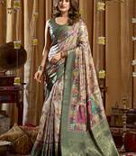 Sea green banarasi cotton silk blend digital print saree with blouse piece