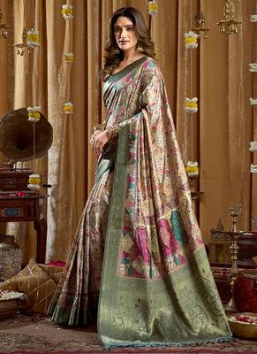 Sea green banarasi cotton silk blend digital print saree with blouse piece 2