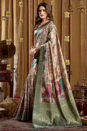 Sea green banarasi cotton silk blend digital print saree with blouse piece