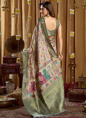 Sea green banarasi cotton silk blend digital print saree with blouse piece 3