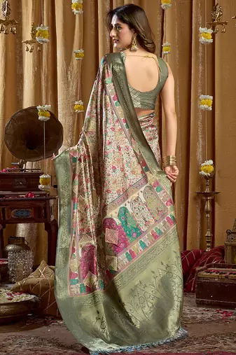 Sea green banarasi cotton silk blend digital print saree with blouse piece