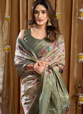 Sea green banarasi cotton silk blend digital print saree with blouse piece 4