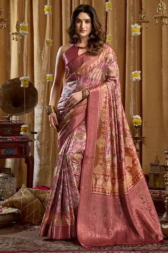 Onion pink banarasi cotton silk blend digital print saree with blouse piece