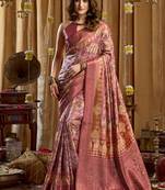 Onion pink banarasi cotton silk blend digital print saree with blouse piece