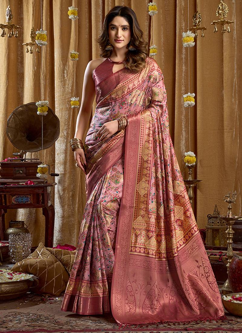 Onion pink banarasi cotton silk blend digital print saree with blouse piece