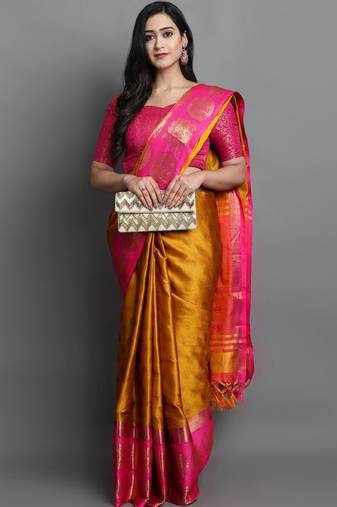 gold silk saree with woven zari pattern