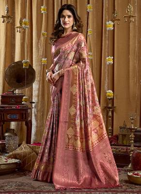 Onion pink banarasi cotton silk blend digital print saree with blouse piece 2