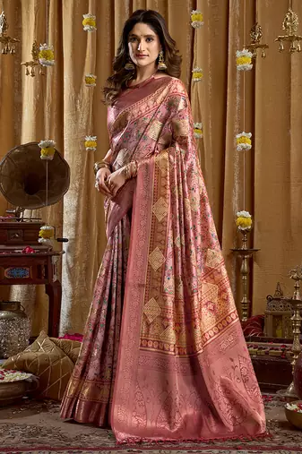 Onion pink banarasi cotton silk blend digital print saree with blouse piece