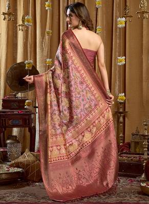 Onion pink banarasi cotton silk blend digital print saree with blouse piece 3