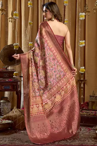 Onion pink banarasi cotton silk blend digital print saree with blouse piece
