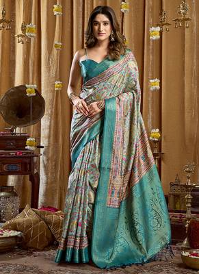Aqua blue banarasi cotton silk blend digital print saree with blouse piece 1