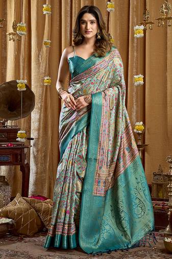 Aqua blue banarasi cotton silk blend digital print saree with blouse piece