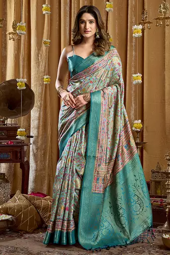 Aqua blue banarasi cotton silk blend digital print saree with blouse piece