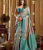Aqua blue banarasi cotton silk blend digital print saree with blouse piece