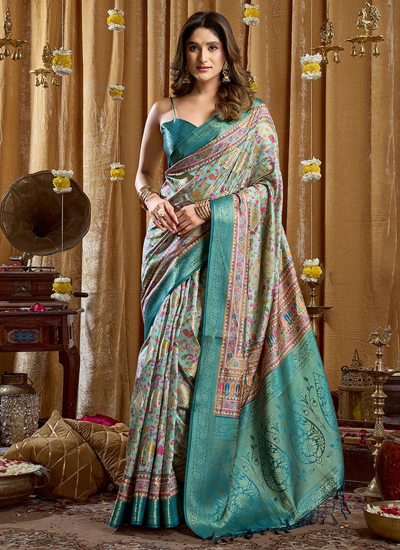 Aqua blue banarasi cotton silk blend digital print saree with blouse piece