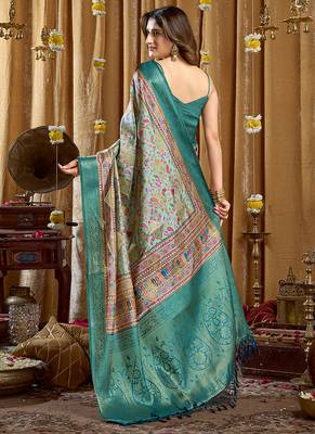 Aqua blue banarasi cotton silk blend digital print saree with blouse piece 2