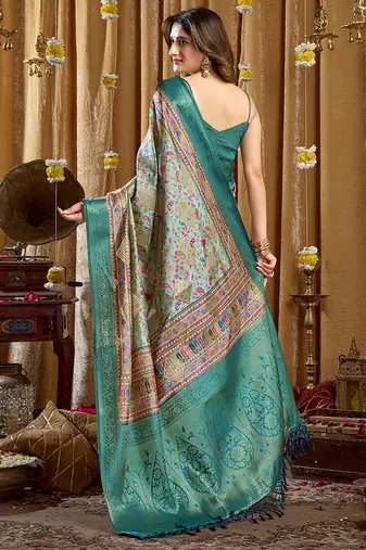 Aqua blue banarasi cotton silk blend digital print saree with blouse piece