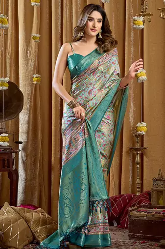 Aqua blue banarasi cotton silk blend digital print saree with blouse piece