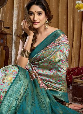 Aqua blue banarasi cotton silk blend digital print saree with blouse piece 4