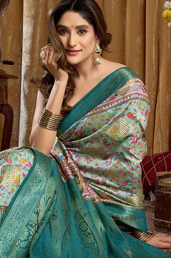 Aqua blue banarasi cotton silk blend digital print saree with blouse piece