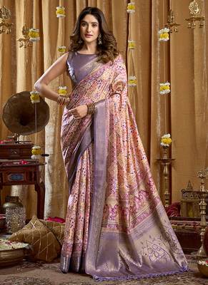 Lavender purple banarasi cotton silk blend digital print saree with blouse piece 1