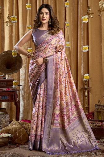 Lavender purple banarasi cotton silk blend digital print saree with blouse piece