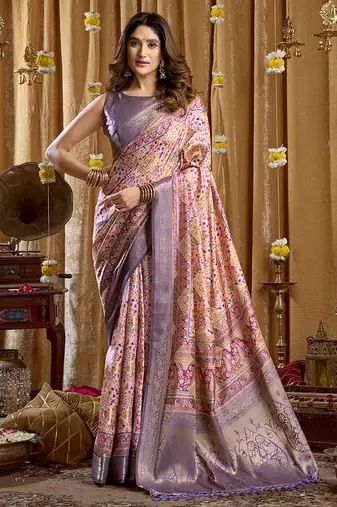 Lavender purple banarasi cotton silk blend digital print saree with blouse piece