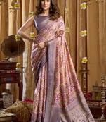 Lavender purple banarasi cotton silk blend digital print saree with blouse piece