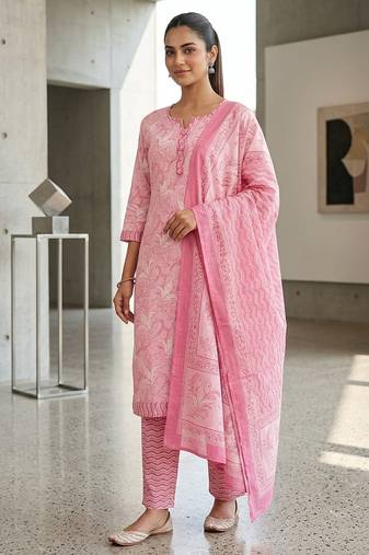 Pink printed cotton blend stitched floral print salwar kurta dupatta for women