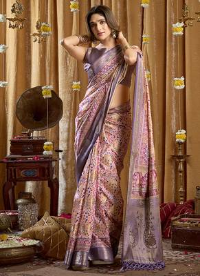 Lavender purple banarasi cotton silk blend digital print saree with blouse piece 2