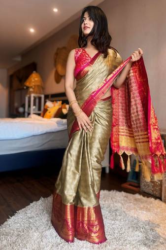 cream silk cotton saree with woven zari design