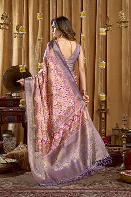 Lavender purple banarasi cotton silk blend digital print saree with blouse piece 3