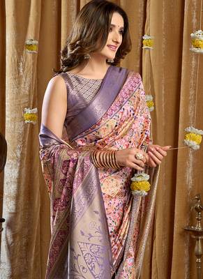 Lavender purple banarasi cotton silk blend digital print saree with blouse piece 4