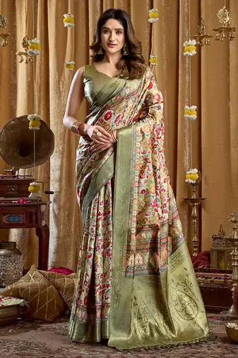 Olive green banarasi cotton silk blend digital print saree with blouse piece