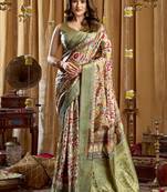 Olive green banarasi cotton silk blend digital print saree with blouse piece