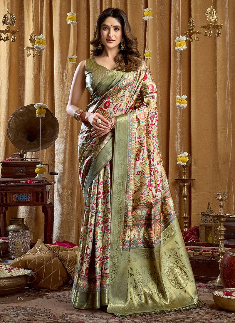 Olive green banarasi cotton silk blend digital print saree with blouse piece