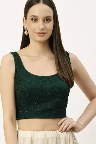 Green rayon embroidered with sequin non padded blouse with lining