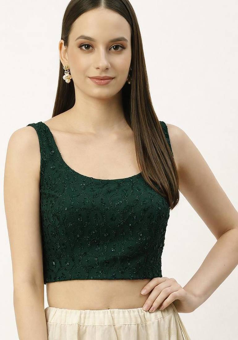 Green rayon embroidered with sequin non padded blouse with lining