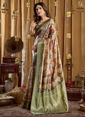 Olive green banarasi cotton silk blend digital print saree with blouse piece 2