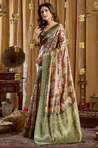 Olive green banarasi cotton silk blend digital print saree with blouse piece