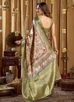 Olive green banarasi cotton silk blend digital print saree with blouse piece 3