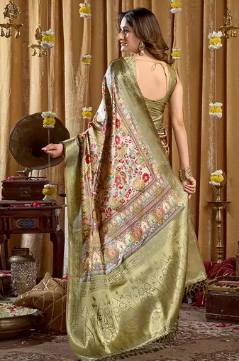Olive green banarasi cotton silk blend digital print saree with blouse piece
