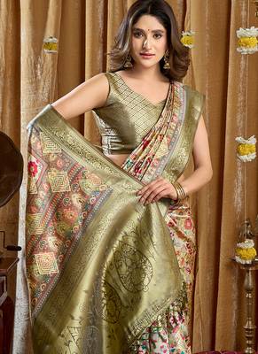 Olive green banarasi cotton silk blend digital print saree with blouse piece 4