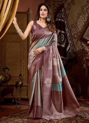 Mauve & teal dual-tone soft banarasi silk blend zari woven saree with blouse piece 1