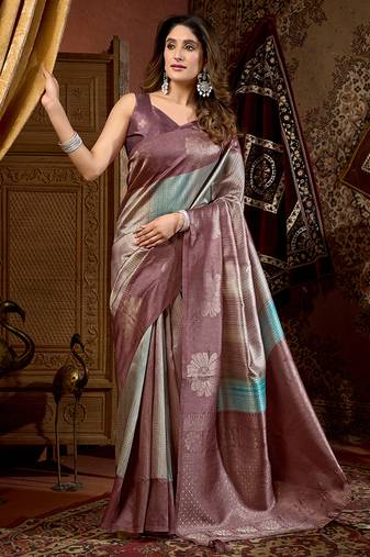 Mauve & teal dual-tone soft banarasi silk blend zari woven saree with blouse piece