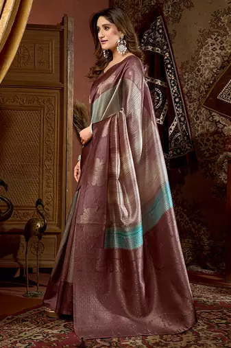 Mauve & teal dual-tone soft banarasi silk blend zari woven saree with blouse piece