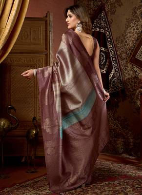 Mauve & teal dual-tone soft banarasi silk blend zari woven saree with blouse piece 3